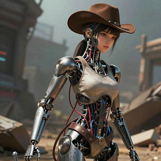 Futuristic Female Robot in Cowboy Hat