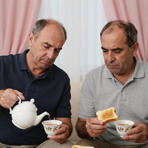 Middle-Aged Men Sharing Tea and Toast