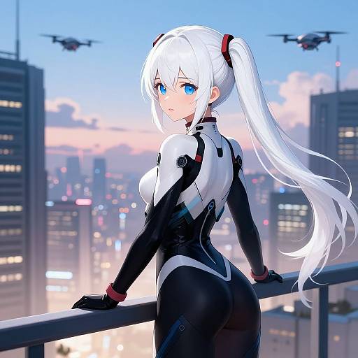 Digital anime-style illustration of a white-haired, blue-eyed woman in a black and white futuristic bodysuit, standing on a balcony, overlooking a city