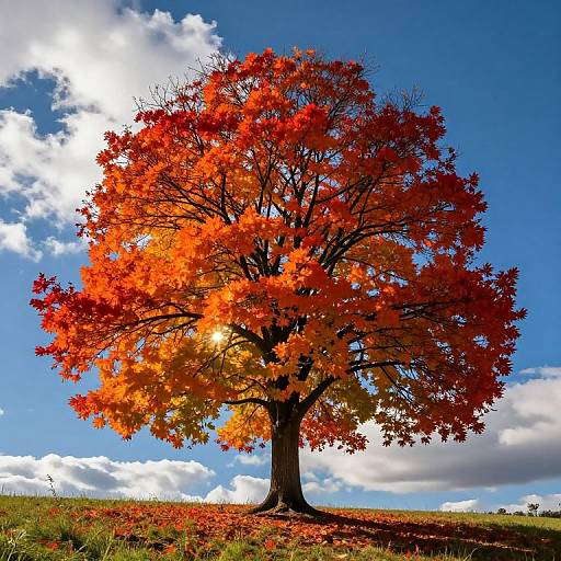 Photograph of a vibrant autumn tree with fiery red and orange leaves, set against a bright blue sky with fluffy white clouds.
