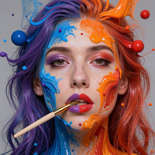 Photograph of a woman with vibrant purple-blue and orange-pink hair, face painted with matching colors, holding a paintbrush, surrounded by paint spl