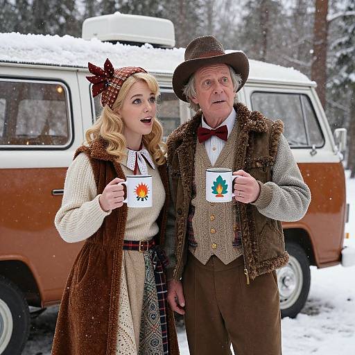 Photograph of a blonde woman and elderly man in vintage winter attire, holding mugs with leaf designs, standing in snowy forest beside an orange van.