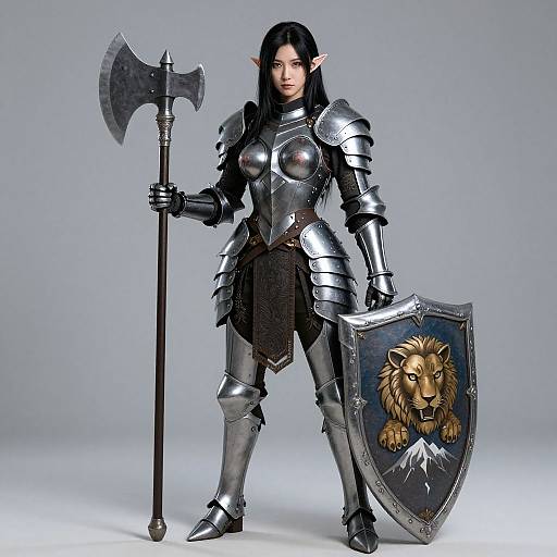 Photorealistic digital artwork of a dark-haired elf warrior in silver armor, holding an axe and a lion emblem shield, standing confidently.
