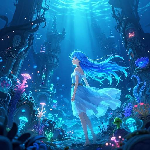 Digital anime-style illustration: Blue-haired girl in white dress stands in glowing underwater city, surrounded by bioluminescent plants and mushrooms.