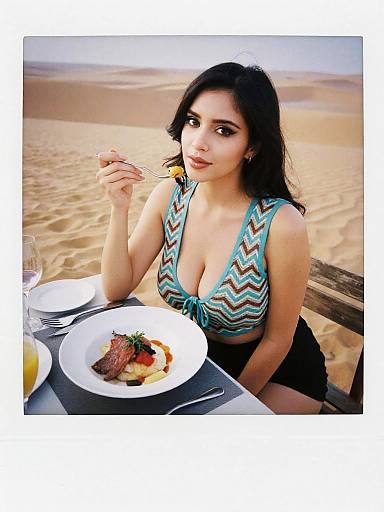 Photograph of a dark-haired woman with fair skin in a blue zigzag bikini top, eating at a beach table with a plate of food, sand