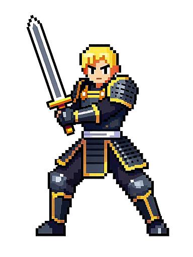 Pixel art of a blonde, armored warrior with a sword, standing in a ready stance against a gray background.