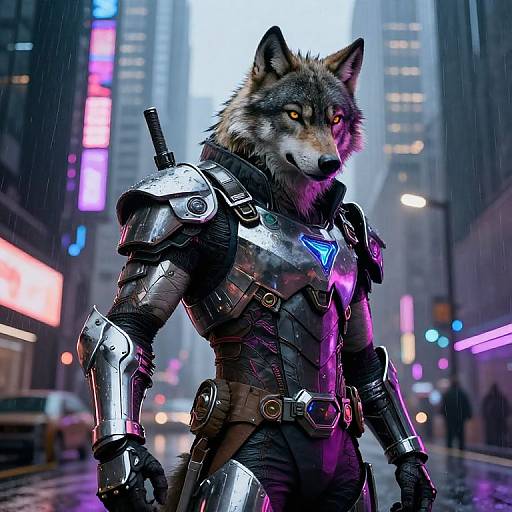 Photorealistic digital artwork of a wolf-man in futuristic, metallic armor with glowing blue accents, standing in a rainy, neon-lit city street.