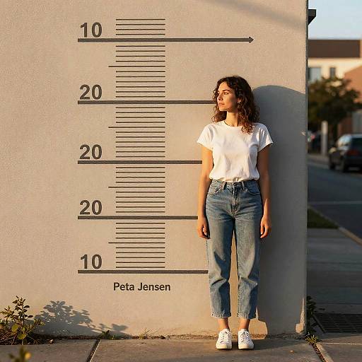 Photograph of a curly-haired woman in a white t-shirt and blue high-waisted jeans, standing against a height measuring wall, sunlight casting shadows