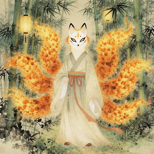 Ethereal Kitsune in Mystical Bamboo Grove