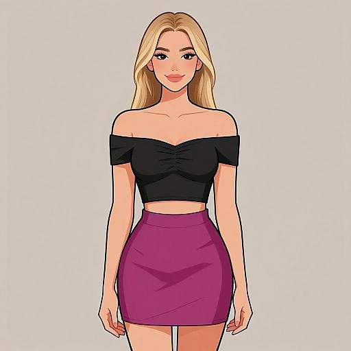 Digital anime-style drawing of a blonde woman with long hair, wearing an off-shoulder black top and a purple skirt, standing against a white background