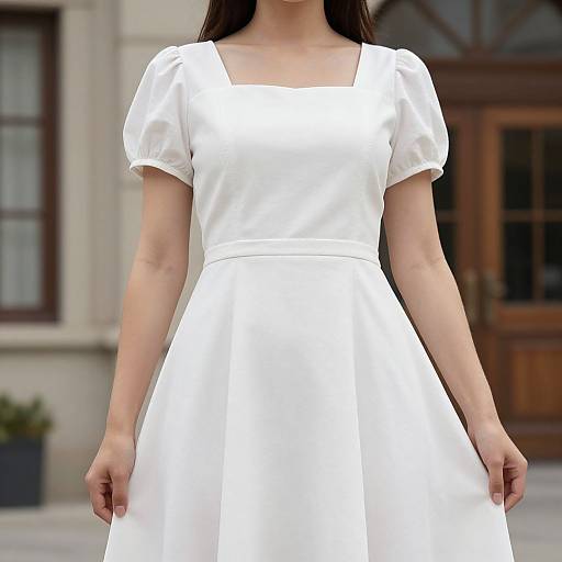 Photograph of a woman in a white, square-neck, short-sleeved dress standing outdoors against a blurred building background.