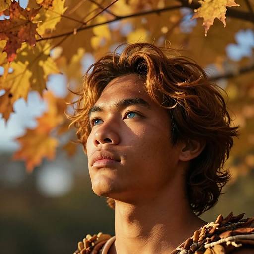 Photograph of a young man with wavy brown hair and blue eyes, gazing upward at golden autumn leaves, bathed in warm sunlight.
