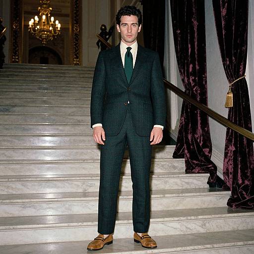 Photograph of a tall, dark-haired man in a black pinstripe suit, white shirt, black tie, and brown shoes, standing on marble