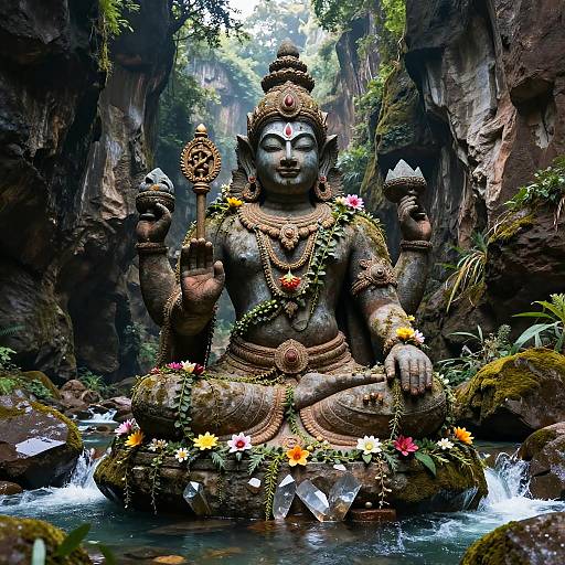 Photograph of a serene, stone Hindu deity statue with flowers, sitting in a lush, rocky canyon with a small waterfall.
