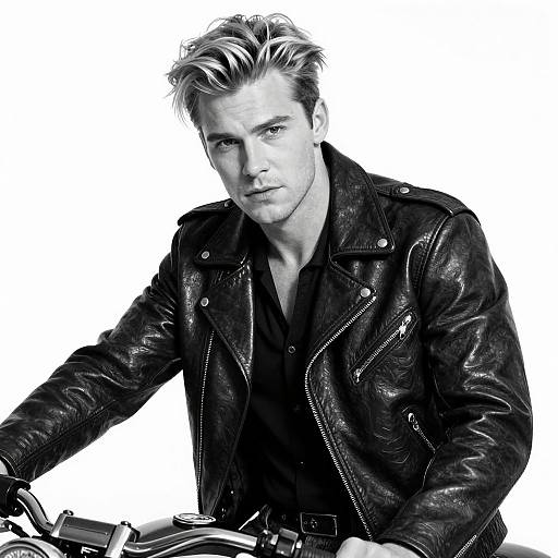 Black-and-white photograph of a handsome, serious-looking man with slicked-back hair, wearing a leather jacket, leaning on a motorcycle.