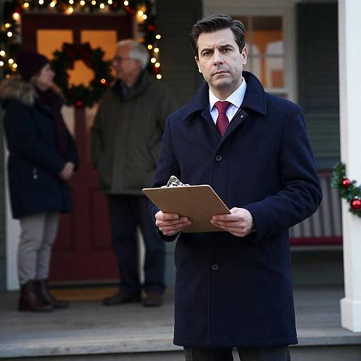 Man in Blue Coat on Festive Porch