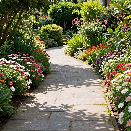 Photograph of a sunlit garden path lined with vibrant flowers, including red, white, and pink daisies, surrounded by lush greenery.