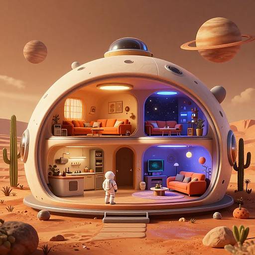 Digital art of a spherical, futuristic, two-story house in a desert with planets, cacti, and a small astronaut standing outside.