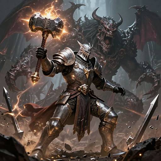 Digital fantasy artwork: Armored warrior with glowing hammer, helmet, and star emblem confronts snarling dark dragon amidst scattered swords and debris.