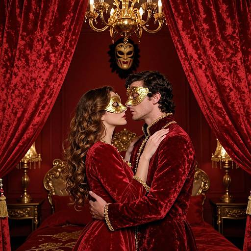 Photograph of a romantic, masquerade-themed couple in red velvet robes, facing each other intimately, with a chandelier and red curtains in the