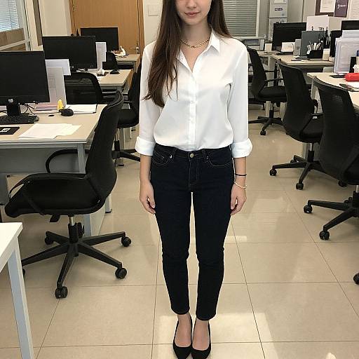 Photograph of a young woman with long brown hair, wearing a white blouse, black jeans, and black heels, standing in a modern office with black