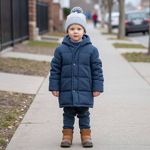 Photograph of a young child in a blue puffer coat, white knit hat, brown boots, standing on a suburban sidewalk.