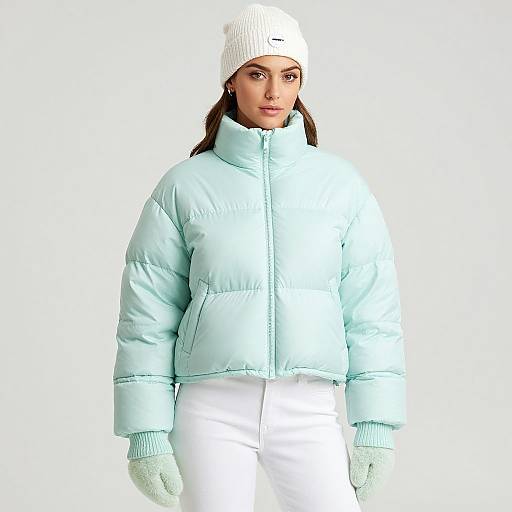 Photograph of a woman with light skin, brown hair, wearing a white beanie, light blue puffer jacket, white pants, and green gloves