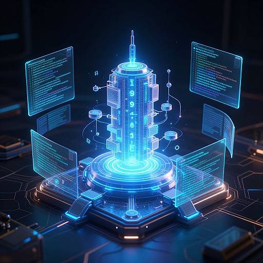 Digital CGI of a glowing blue, futuristic, cylindrical hologram with floating data screens, set against a dark, tech-themed background.