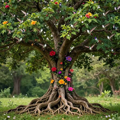 Serene Tree with Hummingbird Constellations