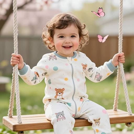 Photograph of a curly-haired toddler in white, polka-dot pajamas with animal prints, sitting on a wooden swing, smiling, with two pink