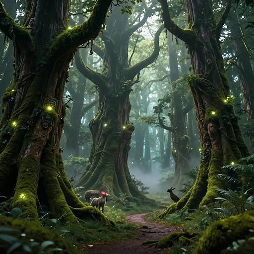 Digital fantasy forest illustration: Enchanted woodland with towering, moss-covered trees, glowing fireflies, misty atmosphere, small red-eyed deer, and