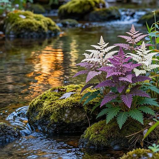 Photograph of a serene forest stream with moss-covered rocks, purple and white ferns, and golden sunlight reflections on the water.