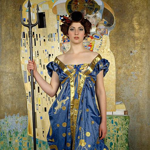 Digital art of a fair-skinned woman with dark hair in a blue and gold dress, holding a trident, standing before a Gustav Klim