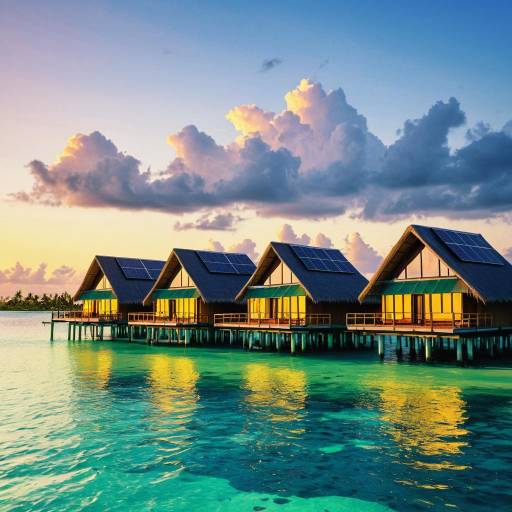 Overwater Bungalows at Sunset with Solar Panels