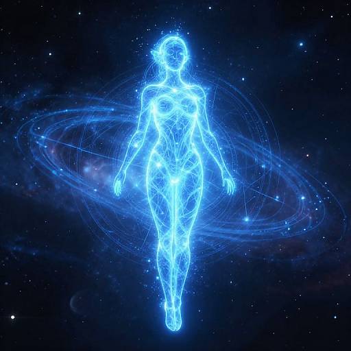 Digital art of glowing blue humanoid figure with wireframe details, floating in dark space with stars and a planet ring.