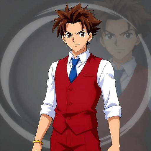 Anime-style digital drawing of a handsome young man with spiky brown hair, wearing a red vest, white shirt, and blue tie, with a circular