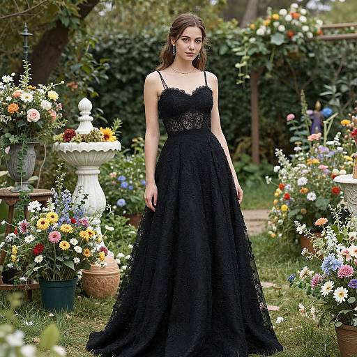 Photograph of a young woman with fair skin and brown hair, wearing a black lace strapless ball gown, standing in a vibrant, flower-filled garden