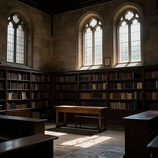 Photograph of a dimly lit, medieval-style library with tall, arched stained glass windows, wooden bookshelves filled with books, and a