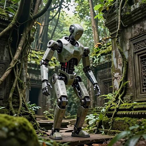 Photograph of a silver humanoid robot standing amidst ancient, moss-covered stone ruins in a dense, jungle-like forest, with sunlight filtering through the trees.