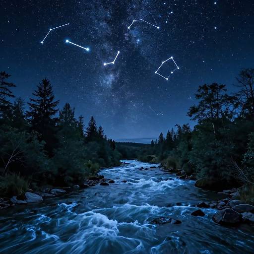 Photograph of a starry night sky over a flowing blue-lit river, with constellations and a dense forest of trees on either side.