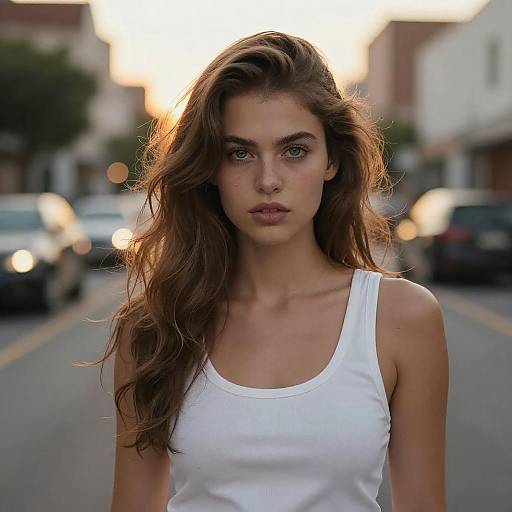 Photograph of a young woman with long, wavy brown hair, green eyes, and a white tank top, standing on a blurred urban street at