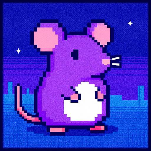 Pixel art of a purple mouse with pink ears and tail, white belly patch, standing against a blue night sky and water.