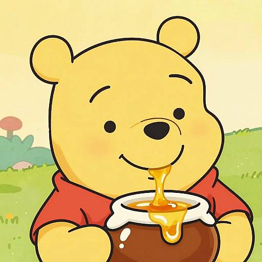 Digital cartoon of Winnie the Pooh, yellow bear, red shirt, smiling, holding honey pot with honey dripping, sunny grassy background.
