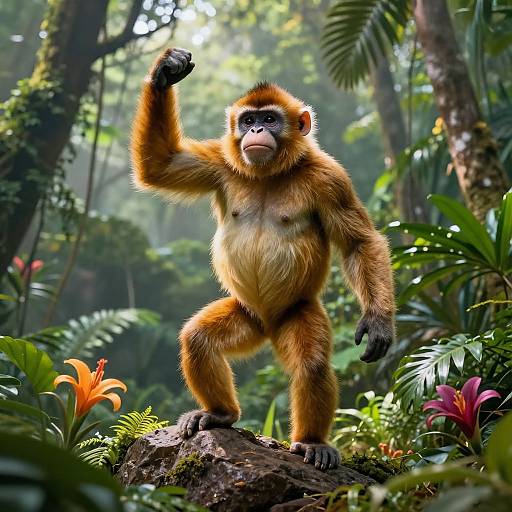 Photorealistic digital art of a confident, orange-furred monkey with dark face and hands, flexing on a rock in a lush, sunlit