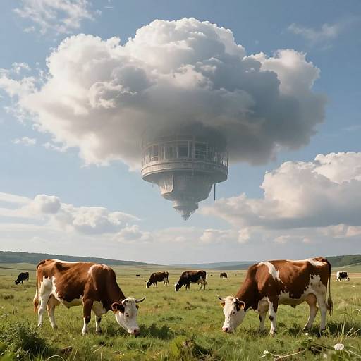 Photograph of a grassy field with brown and white cows grazing, under a surreal blue sky with a massive floating cloud city.