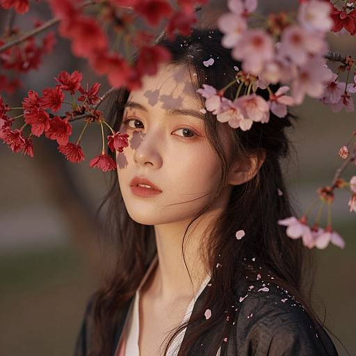 Photograph of an East Asian woman with long black hair, pale skin, and soft features, surrounded by red and pink cherry blossoms, petals gently