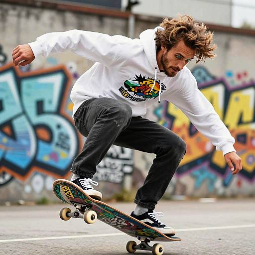 Photograph of a bearded man with tousled brown hair, wearing a white hoodie and black pants, mid-trick on a colorful skateboard in a