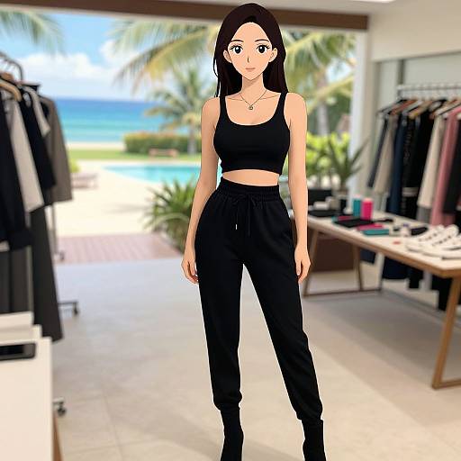 Digital anime-style drawing of a slim woman with long black hair, wearing a black crop top and high-waisted black pants, standing in a bright