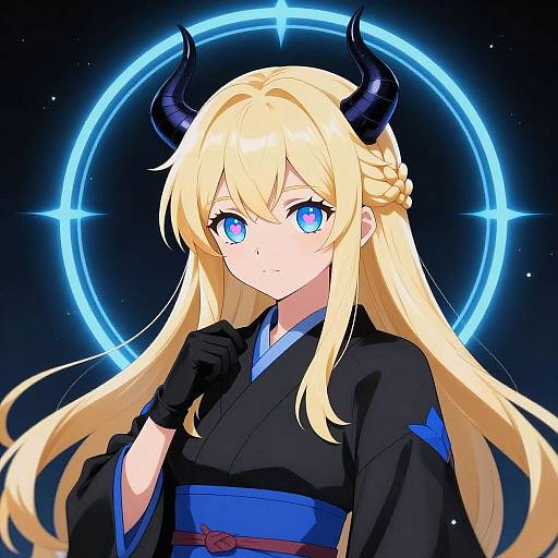 Digital anime-style drawing of a blonde girl with blue eyes, black horns, and black kimono, set against a glowing blue halo.