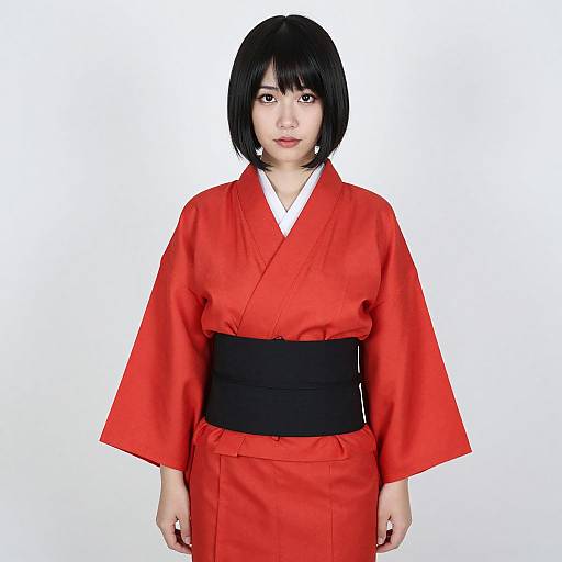Photograph of an Asian woman with a black bob haircut, wearing a vibrant red kimono with a black obi belt, standing against a plain white